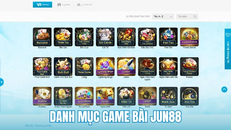 Hệ thống sản phẩm trong sảnh Game bài Jun88
